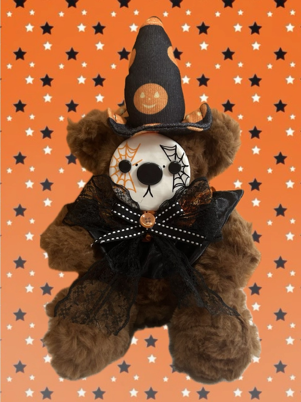 Kids Halloween Brown Teddy Bear Costume with Black & Orange Witch Hat